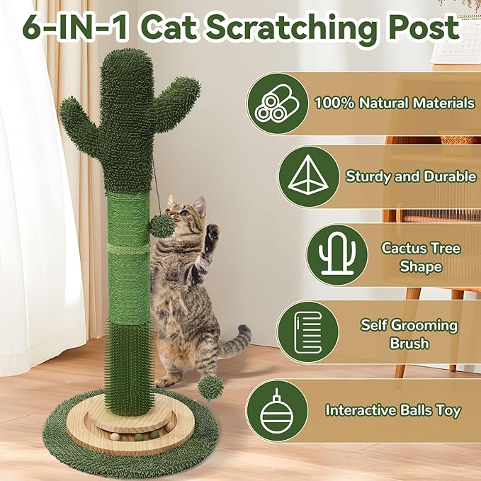 OTOB 36" Tall Cat Scratching Post, Natural Sisal Rope Cactus Cat Scratch Post, Vertical 6-in-1 Interactive Turntable Cat Scratcher Post with Soft Ball Toys, Protect Your Furniture for All Indoor Cats