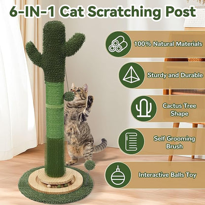 OTOB 36" Tall Cat Scratching Post, Natural Sisal Rope Cactus Cat Scratch Post, Vertical 6-in-1 Interactive Turntable Cat Scratcher Post with Soft Ball Toys, Protect Your Furniture for All Indoor Cats