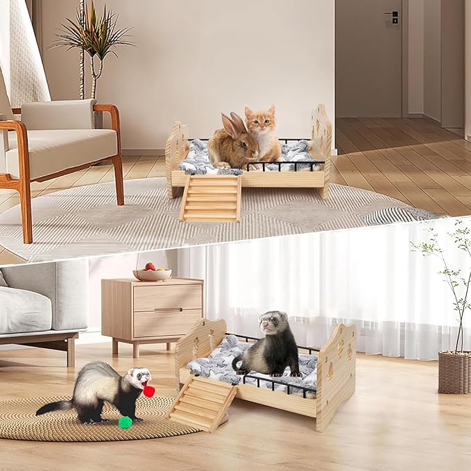 Wooden Rabbit Bed,Detachable Small Animal Bed,Wooden Guinea Pig Bed with Stairs and Washable Mat,Guinea Pig Toys for Rabbit Chinchillas Hamster Ferret（Small Rabbits & Bunny Only） 16.5 * 11 * 3.9inch