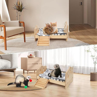 Wooden Rabbit Bed,Detachable Small Animal Bed,Wooden Guinea Pig Bed with Stairs and Washable Mat,Guinea Pig Toys for Rabbit Chinchillas Hamster Ferret（Small Rabbits & Bunny Only） 16.5 * 11 * 3.9inch