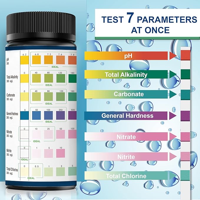 Aquarium Test Strips, 7-Way Aquarium Test Kit for Freshwater Saltwater,50 Strips Quick and Accurate Fish Tank Pond Test Strips,Test Nitrate, Nitrite, Chlorine,Hardness,Alkalinity, Carbonate, Ph