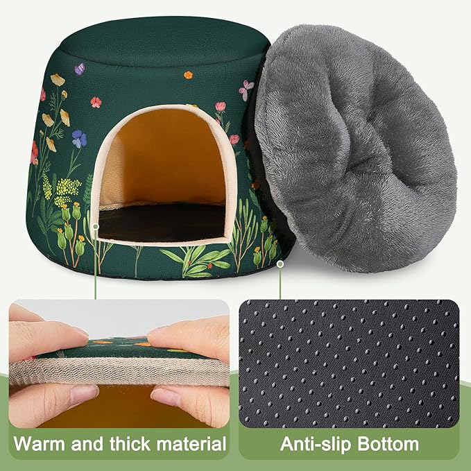 Glittme Guinea Pig Hideout, 2 in 1 Guinea Pig Bed with Removable Pad, Washable Bunny Bed, Foldable Guinea Pig Accessories for Guinea Pig Cages, Guinea Pig, Bunny, Hamster, Hedgehog, Rabbit, Forest