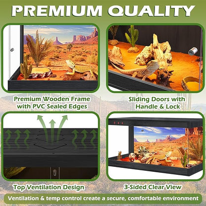 Royxen Tempered Glass Reptile Enclosure,Reptile Tank with Wooden Mesh Top and Lockable Design,61 Gallon Bearded Dragon Tank for Lizard Gecko Tortoise Snake Habitat,40" x 20" x 20",Black