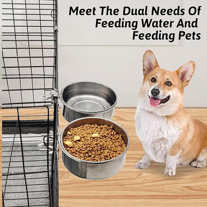 Hamiledyi 2 Pcs Dog Crate Bowl Stainless Steel Puppy Bowls Sturdy Spill-Proof Pet Water Bowl Hanging Water/Food Metal Bowls for Puppy Medium-Sized Dogs Cats (7'' x 2.6'')