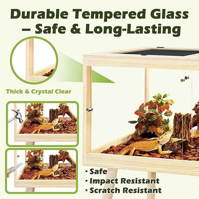 PROLEE Bearded Dragon Tank with Leg,Tempered Glass Lizard Tanks and Reptile Enclosure,Up to 78 Gallon Reptile Tank with Metal Mesh and Lockable Door for Snakes,Chameleon (Oak, 60Gallons,40inch)