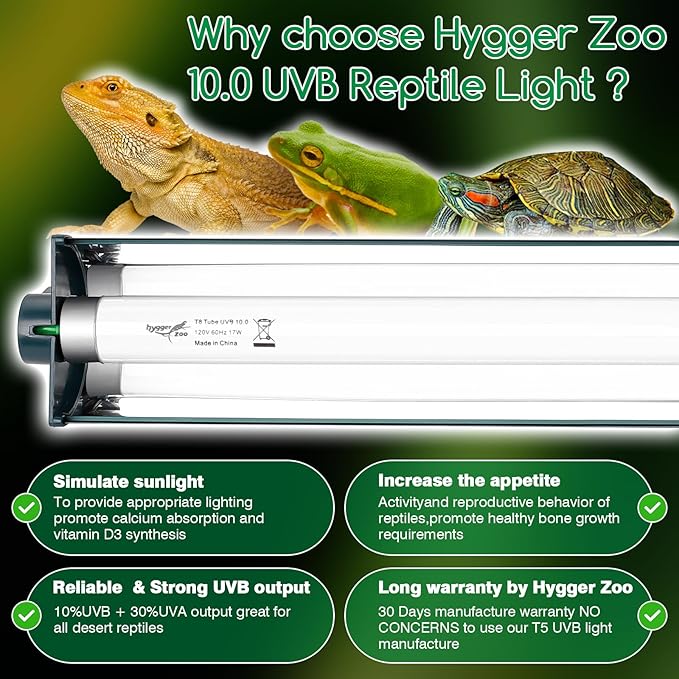 T8 Reptile Light Fixture Combo Kit 17W Green Light 10.0 UVB Fluorescent Tube for Reptiles