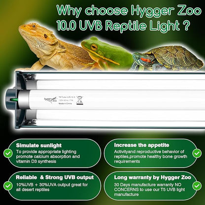 T8 Reptile Light Fixture Combo Kit 17W Green Light 10.0 UVB Fluorescent Tube for Reptiles
