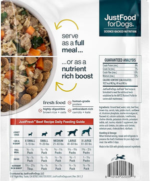 JustFoodForDogs JustFresh Home-Cooked Beef Dog Food with No Preservatives, Resealable Package, Human Grade Wet Dog Food, 12 oz - 7 Pack