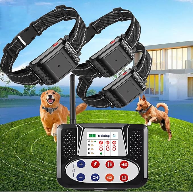 Wireless Dog Fence & Dog Training Collar 2 in 1, Electric Pet Boundary Container with Remote, Waterproof Receiver, Vibrate/Shock, Safe Effective, Stubborn Dog Fence System for Yard,for3dogs