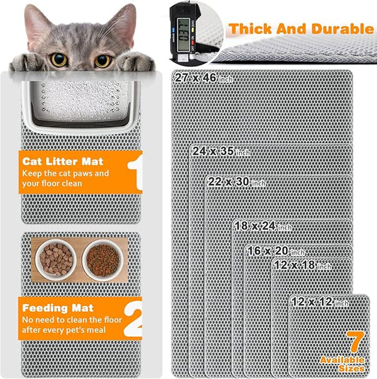 Waterproof Cat Litter Mat, Double Layer EVA, Odor-Free Large Grid, Urine Proof, Easy Cleanup (Gray, 24 x 35)