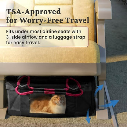 | TSA Airline Approved |Soft Sided Pet Carrier | Cat Carrier | Dog Carrier| Pets Up to 15 lbs | Leash & Luggage Strap | Black with Pink Handle