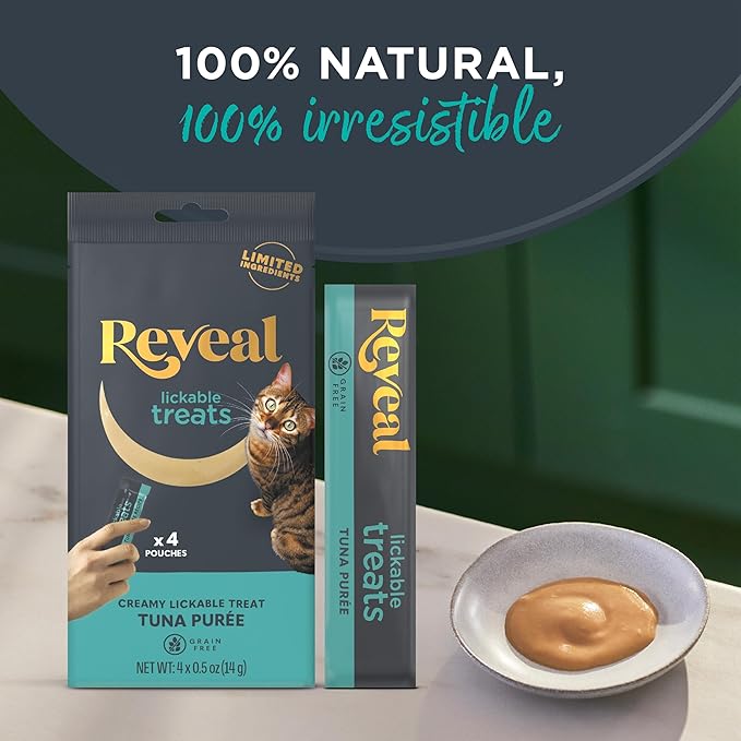 Reveal Natural Lickable Purée Cat Treats, Grain Free and Made with Limited Ingredients, Tuna Recipe Squeeze Up Cat Treats (40 x 0.5 oz Sachet Multipack)