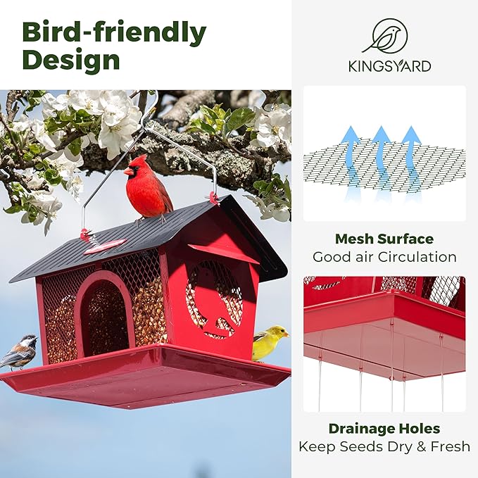 Kingsyard Metal Bird Feeders for Outdoors Hanging, Wild Bird Feeder with Seed Tray and Weatherproof Roof, 3 lbs Seed Capacity, Red