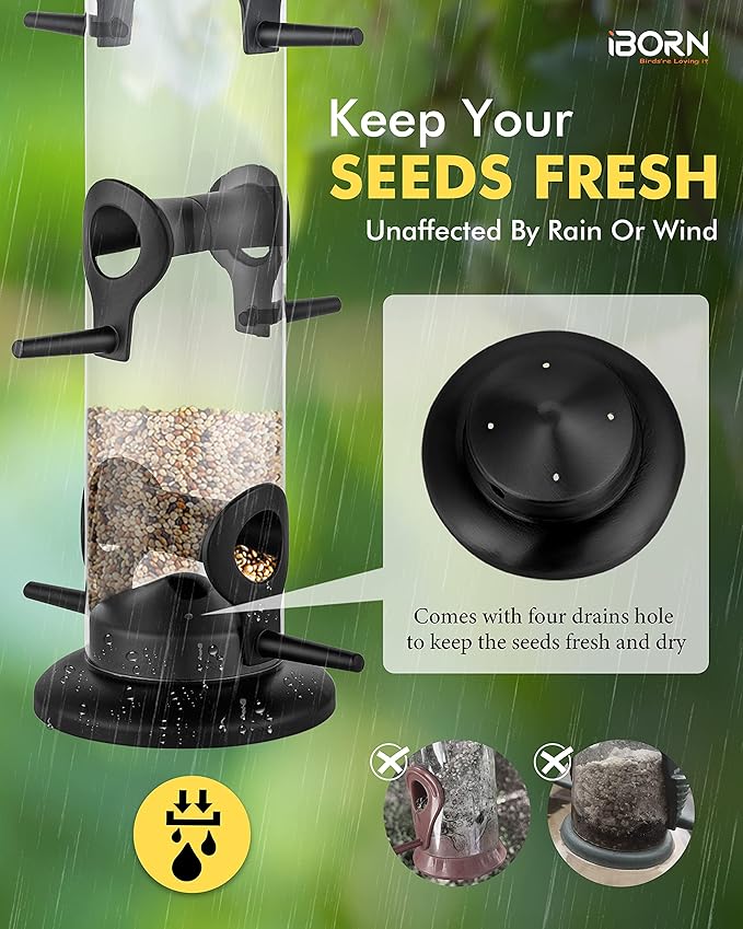 iBorn Metal Bird Feeders Black Wild Bird Feeder for Outdoors Hanging All Metal Black Finishing 14 Inch 6 Port(Seed is not Included)
