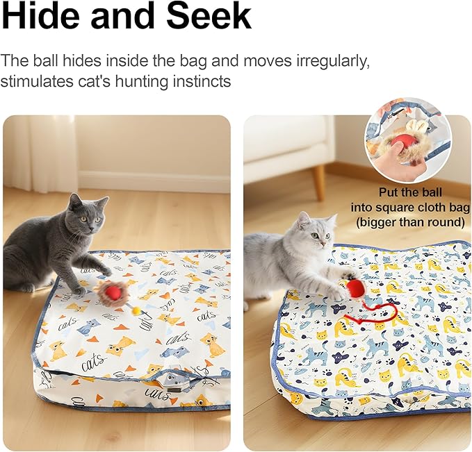 Interactive Cat Toys Ball - 2pcs Automatic Fast Rolling Ball in Play Mat, Hide and Seek Mouse Catching Game, Low-Noise Cat Enrichment Toys in Pouch for Indoor Bored Cats(Paw Print Pattern - Round)