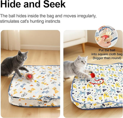 Interactive Cat Toys Ball - 2pcs Automatic Fast Rolling Ball in Play Mat, Hide and Seek Mouse Catching Game, Low-Noise Cat Enrichment Toys in Pouch for Indoor Bored Cats(Paw Print Pattern - Round)
