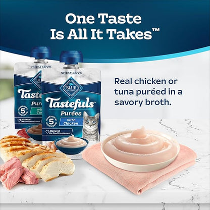 Blue Buffalo Tastefuls Purées Variety Pack, Natural Cat Food Complement, Resealable Twist Cap Pouches, Chicken and Tuna, 3-oz (12 Count, 6 of Each Flavor)