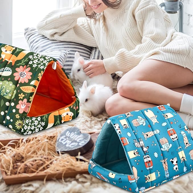 4 Pcs Guinea Pig Hideout, Guinea Pig Bed Tunnel, Rabbit Washable Small House Cage Accessories for Bunny Hedgehog Mouse Chinchillas Hamsters Ferrets Bearded Dragons Rats(Forest,9.8 in)