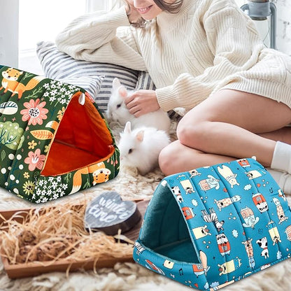 4 Pcs Guinea Pig Hideout, Guinea Pig Bed Tunnel, Rabbit Washable Small House Cage Accessories for Bunny Hedgehog Mouse Chinchillas Hamsters Ferrets Bearded Dragons Rats(Forest,9.8 in)