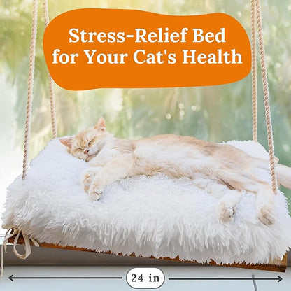 Cat Window Perch for Large Cats - Hammock Bed for Heavy Indoor Cats - Solid Wood Seat, 5 Strong Suction Cups, Soft Cushion - Rustic Shelf for Pets Inside