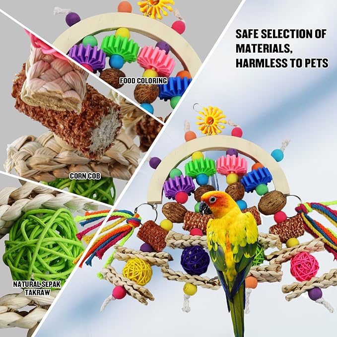 Bird Toys - Natural Corncob Wood & Mango Chew Toys for African Grey Parrots, Lovebirds, Small Parrots, Parakeets