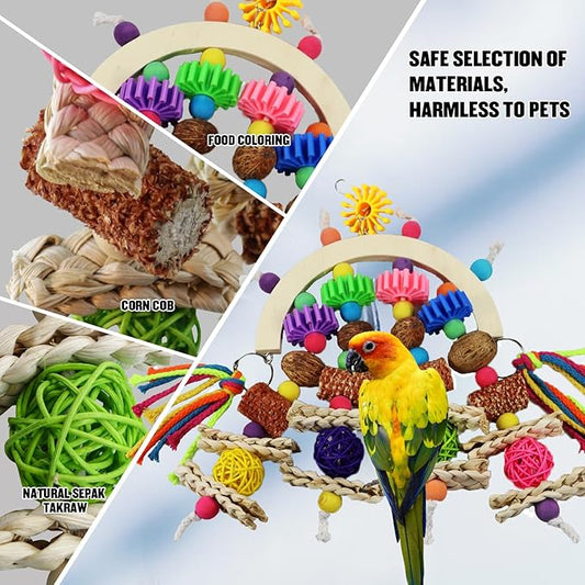 Bird Toys - Natural Corncob Wood & Mango Chew Toys for African Grey Parrots, Lovebirds, Small Parrots, Parakeets