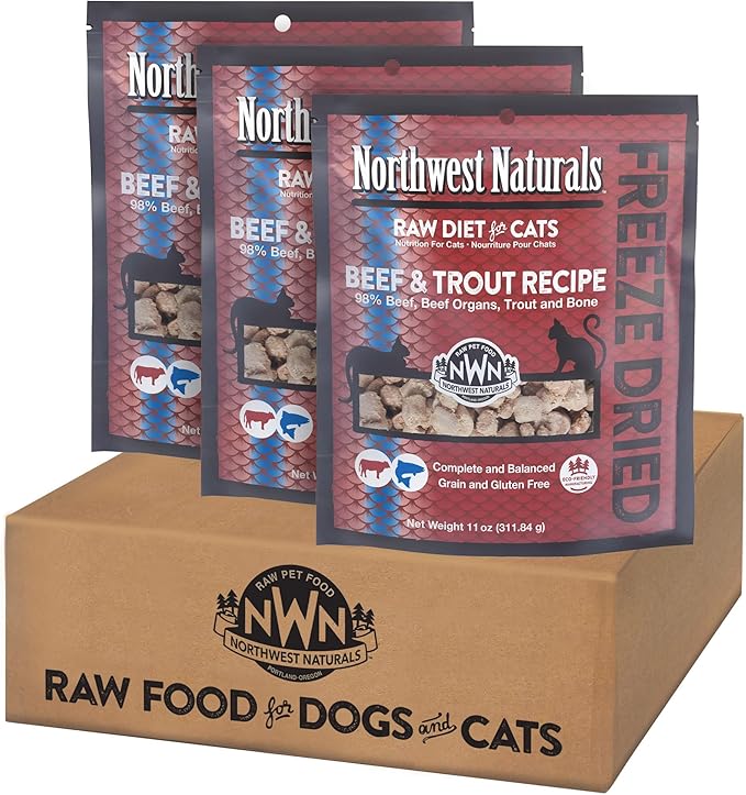 Northwest Naturals Freeze-Dried Beef & Trout Cat & Kitten Food – Bite-Sized Nibbles – Healthy, Limited, Human-Grade Ingredients, All-Natural, High-Protein Diet – Complete & Balanced, 11 oz (Pack of 3)