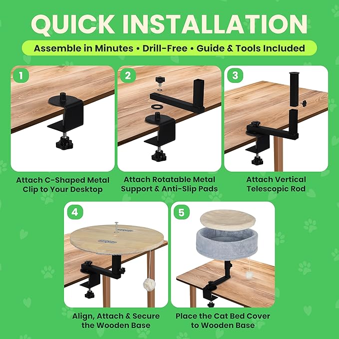 Zayana Cat Desk Bed Attachment - 360° Rotating & Adjustable Height Cat Bed Desk Mount with Soft Faux Fur Washable Cover, Space Saver Hammock for Home Office & Gaming Table, Supports Up to 45 lb, Grey