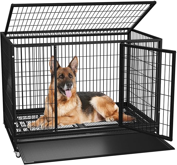 48/37 inch Heavy Duty Wire Dog Crate Cage Kennel for Large Dogs, High Anxiety Dog Crate with Removable Crate Trays, Wheels and Double Door, Extra Large XL XXL