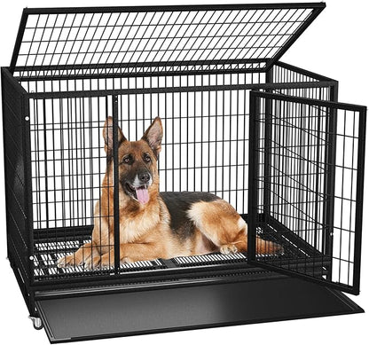 48/37 inch Heavy Duty Wire Dog Crate Cage Kennel for Large Dogs, High Anxiety Dog Crate with Removable Crate Trays, Wheels and Double Door, Extra Large XL XXL