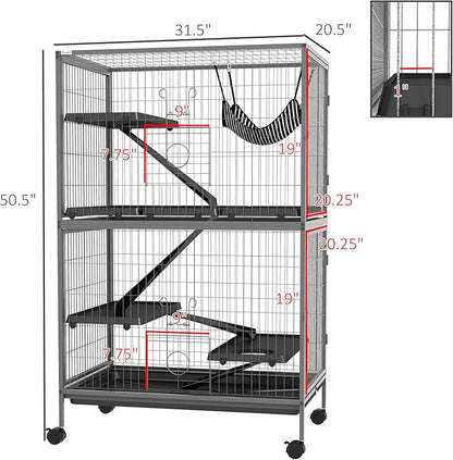 PawHut 50" 5-Tier Small Animal Cage, Ferret Cage, Large Chinchilla Cage with Hammock Accessory & Heavy-Duty Steel Wire, Small Animal Habitat with 4 Doors, Removable Tray, Gray