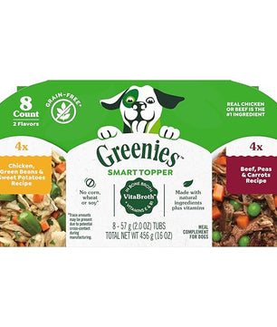 Greenies Smart Topper High Protein Wet Mix-in for Dogs, Chicken, Green Beans, and Sweet Potatoes Recipe & Beef, Peas, and Carrots Recipe Variety Pack, 8 Trays of 2oz.