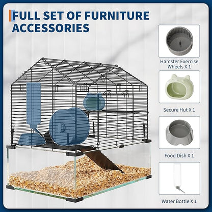 Large Hamster Cage with 7" Deep Tempered Glass Bottom, 3 Tiers Big Hamster Tank with Running Wheel, Hut, Water Bottle, Dish, Rat Cages for Syrian, Dwarf, Gerbils, Mouse, 22.83" x 15" x 21.25"