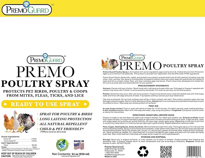 Premo Guard Poultry Spray - 32 oz - Kill Scaly Leg, Mites, Fleas, Lice, & Other Pest on Chickens and in Coops - Natural Plant Based Oils for Control, & Prevention - Family Safe with No Egg Withdrawl