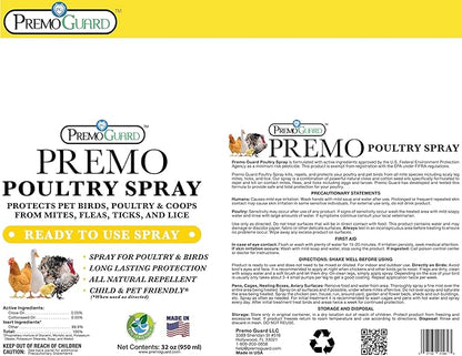 Premo Guard Poultry Spray - 32 oz - Kill Scaly Leg, Mites, Fleas, Lice, & Other Pest on Chickens and in Coops - Natural Plant Based Oils for Control, & Prevention - Family Safe with No Egg Withdrawl
