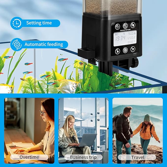 Automatic Fish Feeder for Aquarium with Timer, LCD Display 320ML Large Capacity Adjustable Fish Dispenser, Operated Feeders for Goldfish, Turtle for Vacation, Weekend or Daily Use(Black)