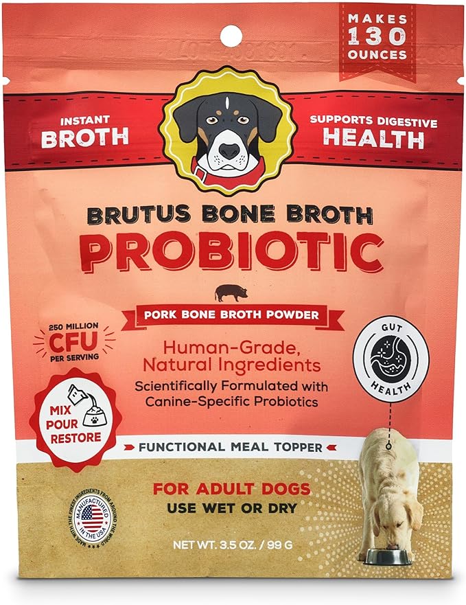 Brutus Bone Broth Probiotic Meal Toppers for Dogs Mega Pack (Pork) - Bone Broth Powder Fortified with Canine Probiotics - Dog Food Toppers for Dry Food - Makes 130oz of Liquid Bone Broth