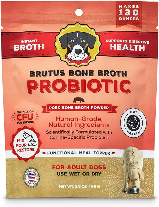 Brutus Bone Broth Probiotic Meal Toppers for Dogs Mega Pack (Pork) - Bone Broth Powder Fortified with Canine Probiotics - Dog Food Toppers for Dry Food - Makes 130oz of Liquid Bone Broth
