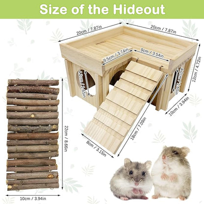 BNOSDM Wooden Hamster Hideout Dwarf Hamster Wood House with Ladder Gerbils Climbing Exploring Toys Cage Accessories for Syrian Hamsters Mice and Other Small Pets