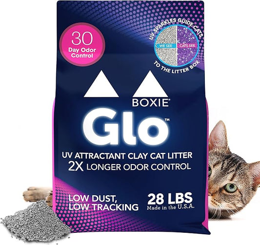 Boxie Glo Clumping Clay 30 Day Odor Control Cat Litter, 99.9% Dust-Free, Low Tracking, UV Light Attractant, 28 lb