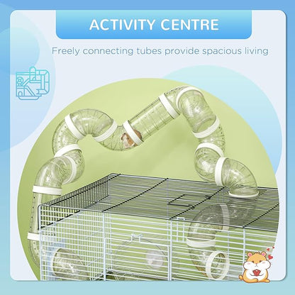 PawHut Hamster Cage, 2 Levels Gerbil Cage, Small Animal Cage for Dwarf Hamster with Tubes and Tunnels, Exercise Wheel, Food Dish, Water Bottle, Ramp, 23" x 13" x 12", Gray