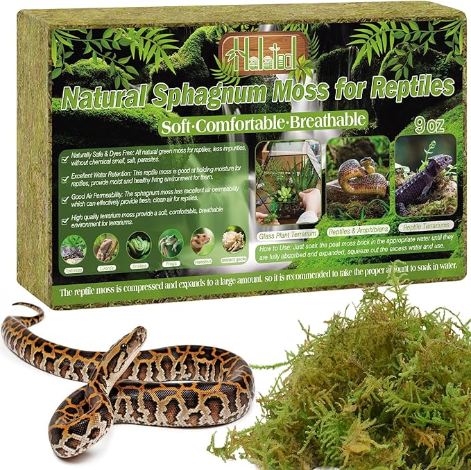 Halatool 9OZ Natural Sphagnum Moss for Reptiles- 14QT Green Moss for Terrarium Plants Long Fiber Reptile Moss for Leopard Gecko Snake Hamsters Tortoises Frogs Lizards Salamanders