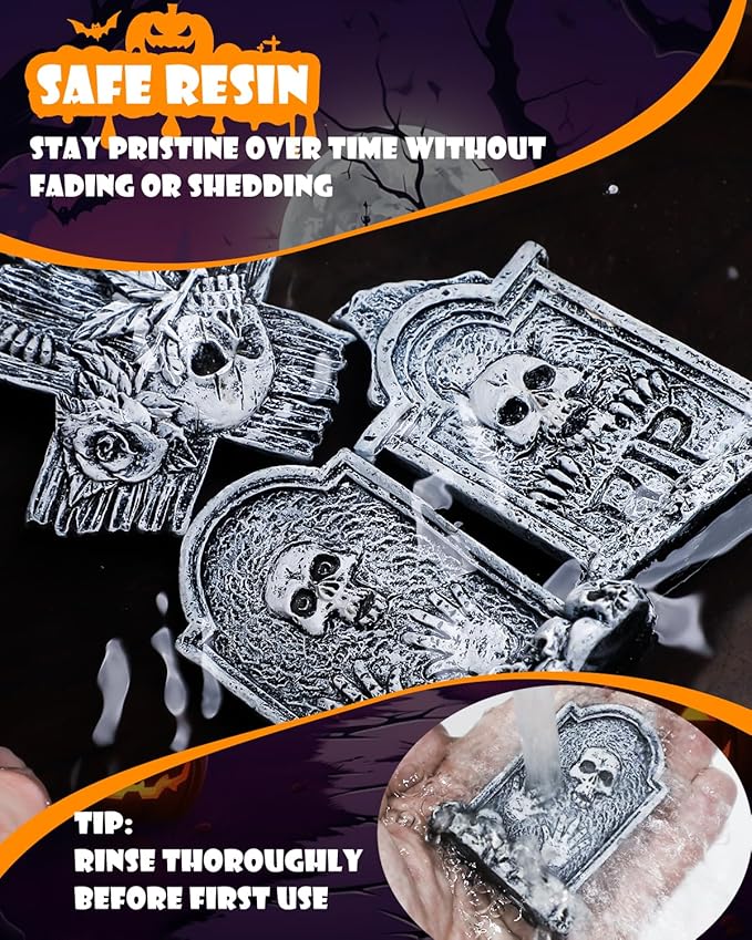 Uniclife 3 Pcs Halloween Miniature Tombstones Decorations, Halloween Fish Tank Decor, Resin Mini Tombstones Figurines, RIP Cross Skull Graveyard Gravestones, Small Spooky Town Village Accessories