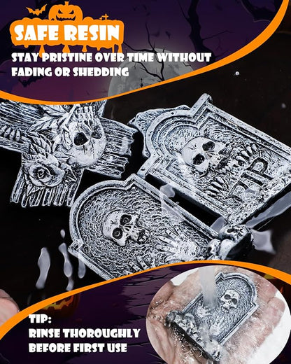 Uniclife 3 Pcs Halloween Miniature Tombstones Decorations, Halloween Fish Tank Decor, Resin Mini Tombstones Figurines, RIP Cross Skull Graveyard Gravestones, Small Spooky Town Village Accessories