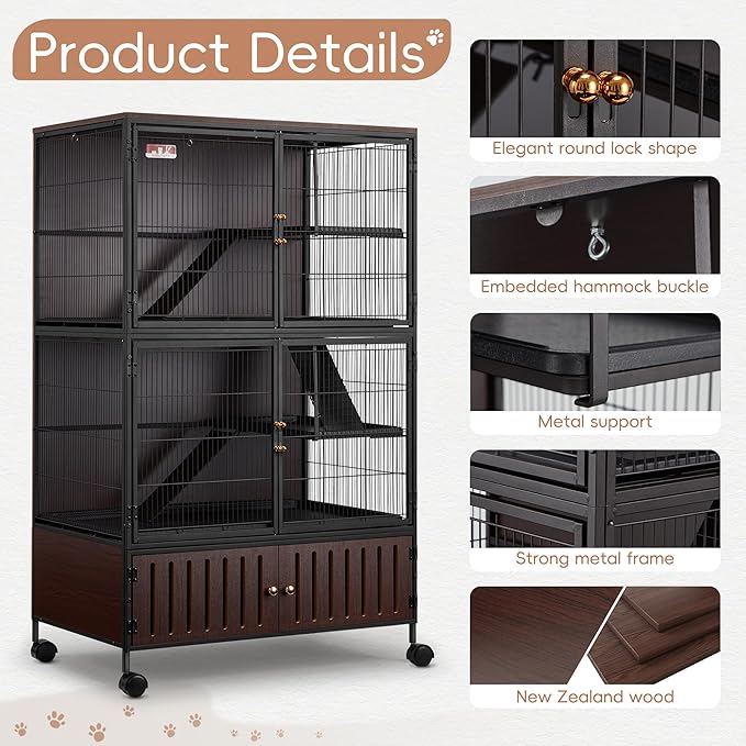 HABUTWAY 60''H Metal Large Ferret Cage, Rolling Chinchilla Cage with Removable Ramps& Double Door, Critter Nation with Locker, Small Animal Cage, Rat Indoor Wooden Pet Crate Furniture