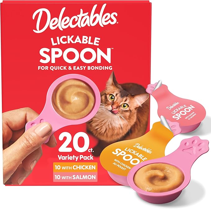 Delectables Lickable Spoon Handheld Wet Cat Treats Made with Real Salmon, Quick & Easy Creamy Puree, Mess Free, Grain-Free, No Added Fillers, No By-Products, No Added Preservatives, Variety Pack, 20ct