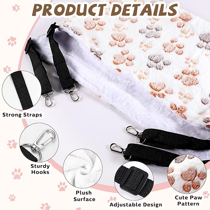 Geelin 4 Pcs Cat Hammock for Cage Hanging Soft Pet Hammock Bed with Adjustable Straps and Metal Hooks Double Sided Bed for Large & Small Cats Ferret Rat Sugar Glider Puppy(Paw,16 x 20 Inch)