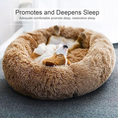 Dog Bed, Cat Calming Bed, Faux Fur Pillow Pet Donut Cuddler Round Plush Bed for Large Medium Small Dogs and Cats, Pet Bed(44"x44"(Pack of 1), Camel)