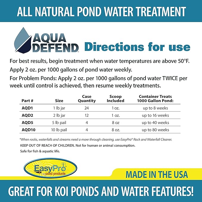EasyPro AQD2 Aqua Defend All Natural Pond Water Treatment / 2 lb Jar Additive to Bind phosphates, Buffer pH and Help Settling of Particles