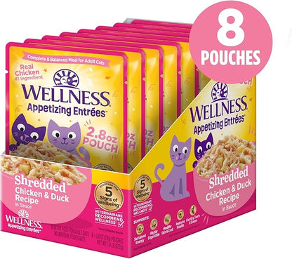 Wellness Appetizing Entrées Shredded Adult Wet Cat Food, Natural, Protein-Rich, Grain Free, 2.8 Ounce Pouch, 8 Pack (Chicken & Duck Recipe)